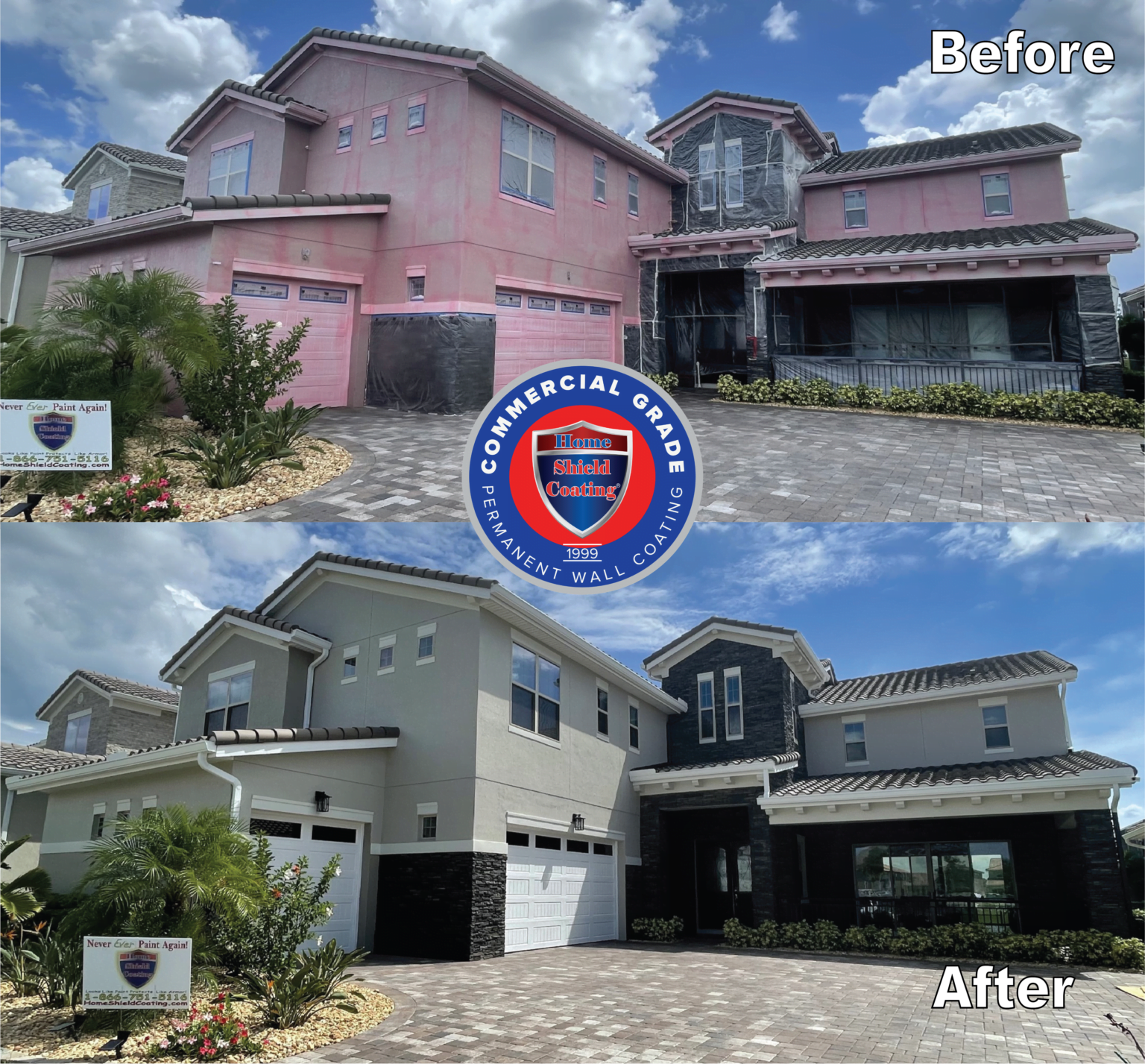 Before & After of Stucco House Coated with Home Shield Coating in Orlando.