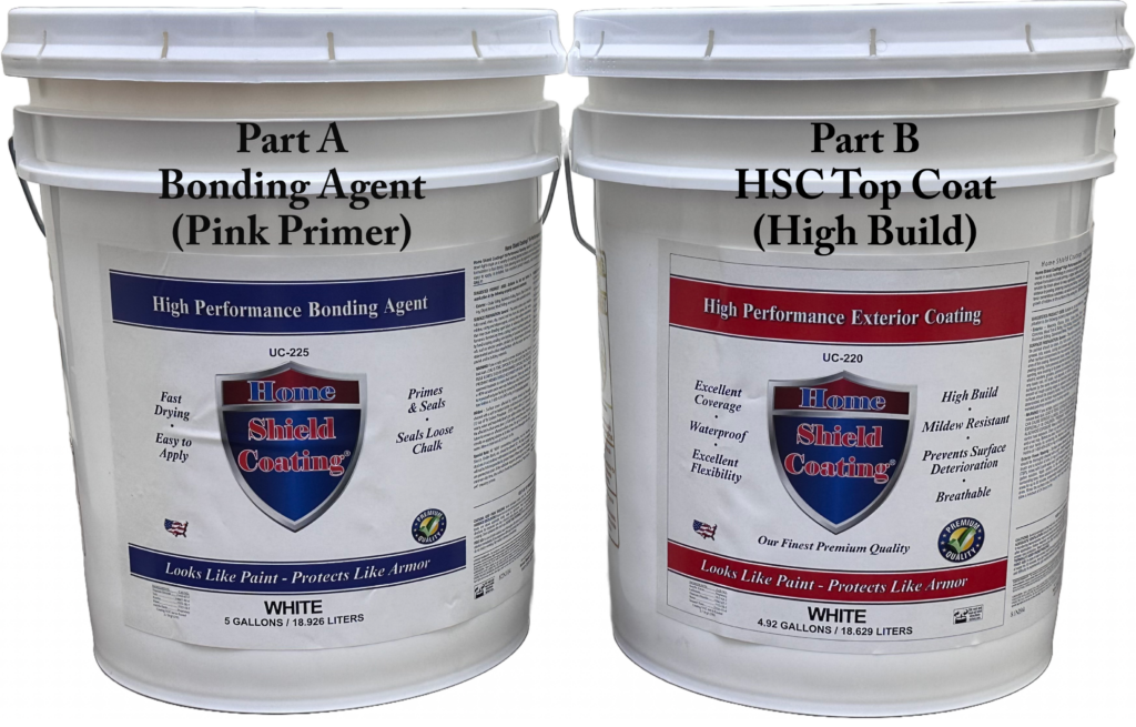 Home Shield Coating® is a commercial grade permanent exterior wall coating system. Pictured here is the bonding agent (Pink Primer) and Top Coat.