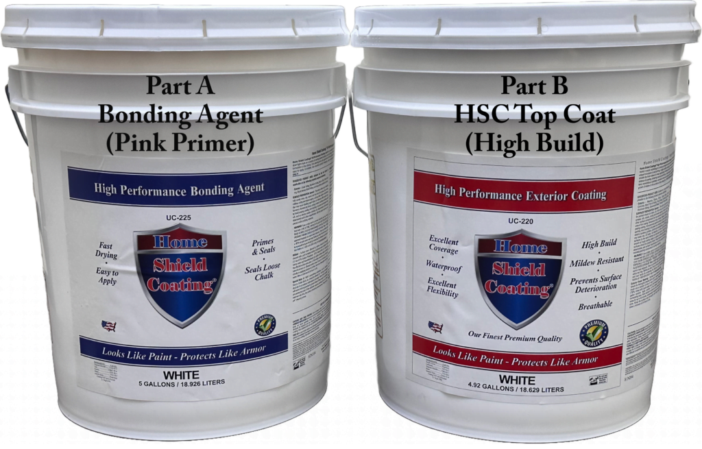 Home Shield Coating® is a commercial grade permanent exterior wall coating system. Pictured here is the bonding agent (Pink Primer) and Top Coat.