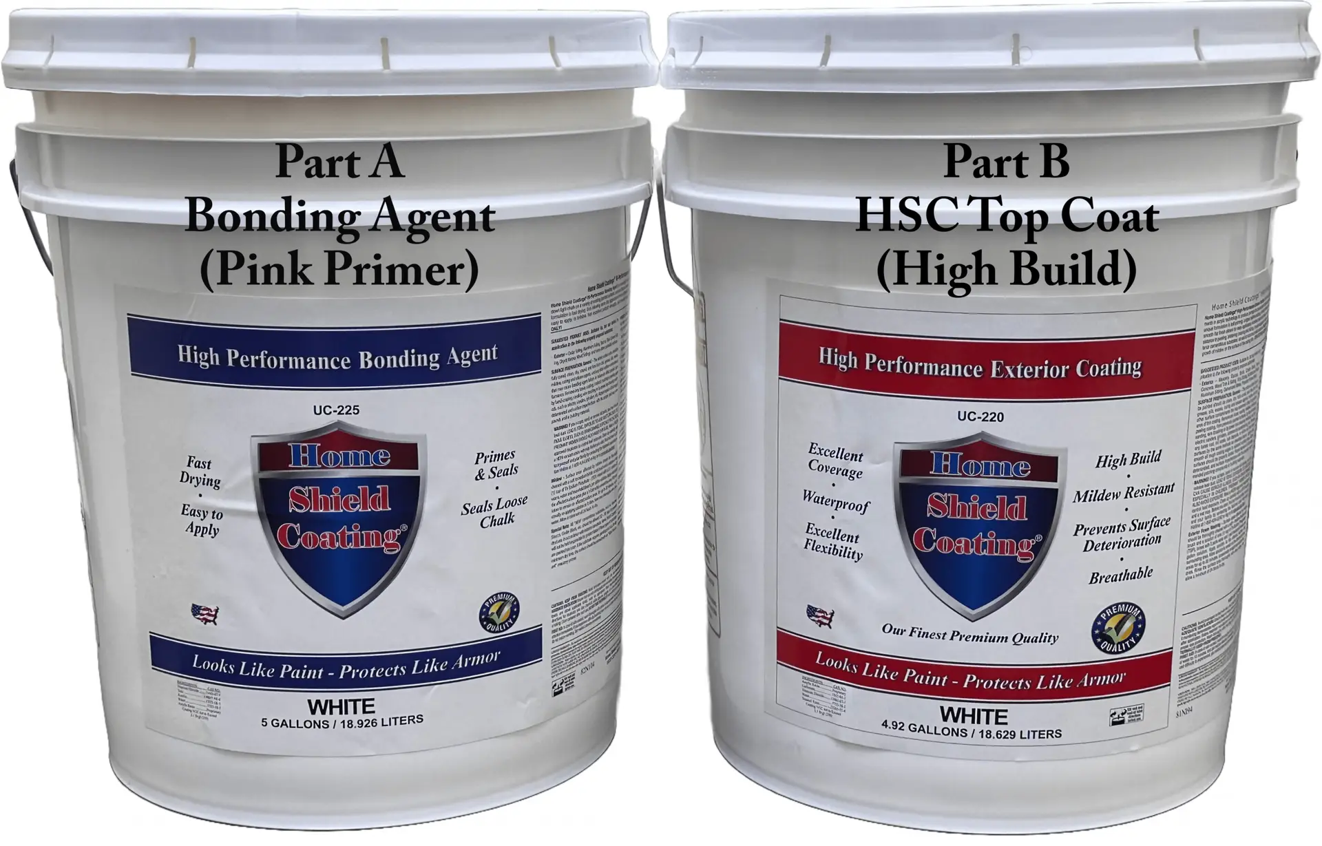 Home Shield Coating® Part A bonding primer and Part B high-build topcoat containers