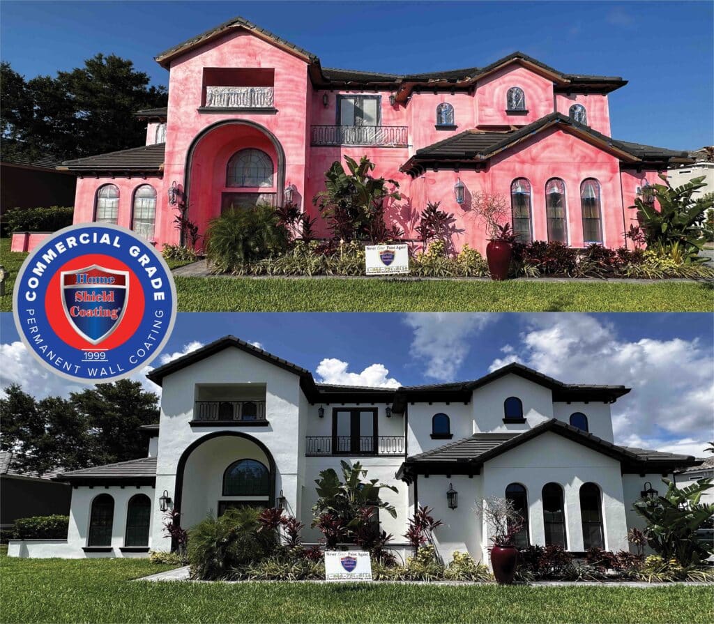 Before & After of Stucco House Coated With Home Shield Coating.