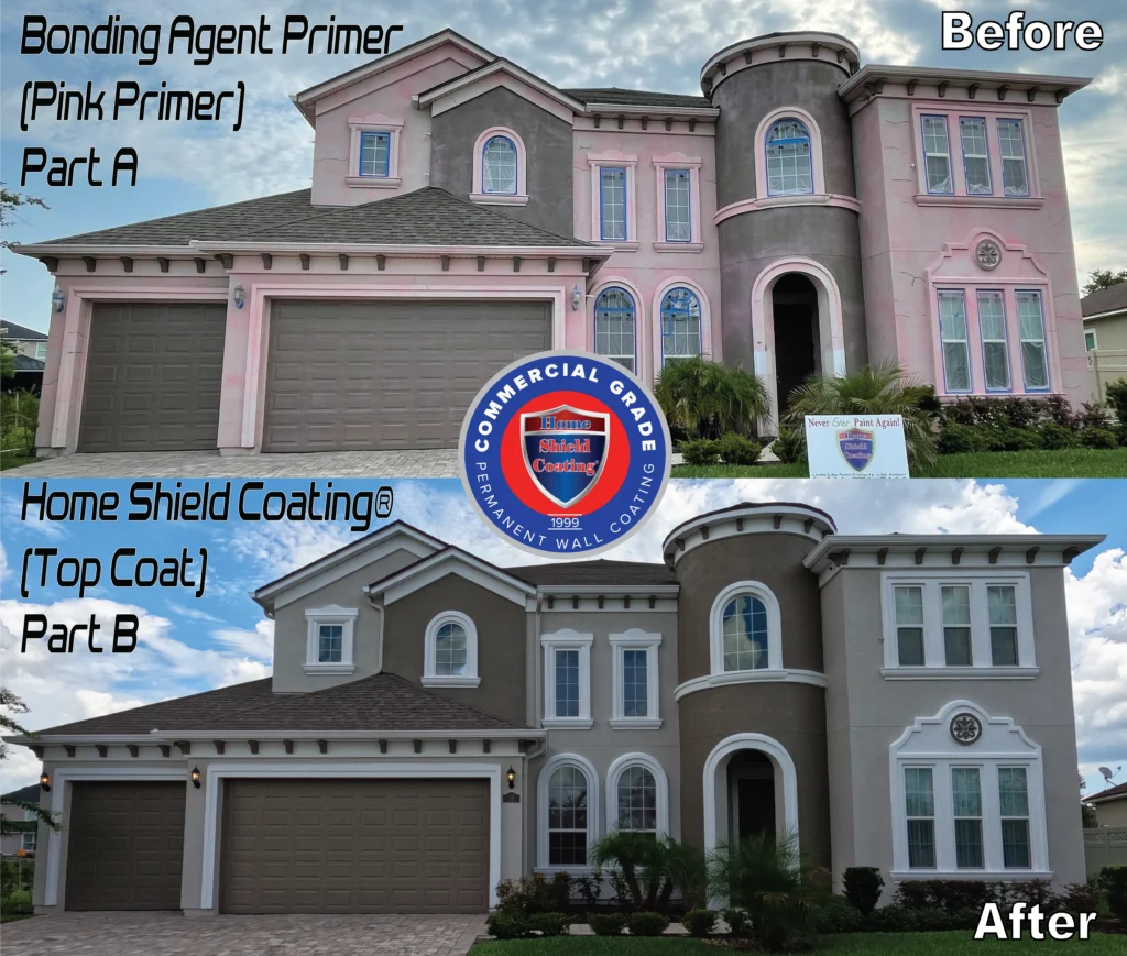 Before & After of Stucco House Coated with Home Shield Coating.