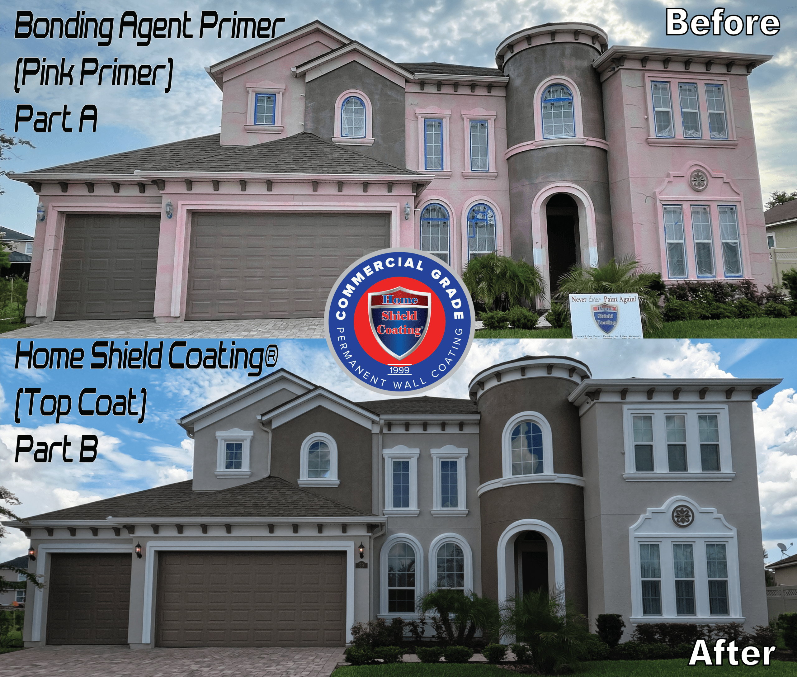 Before & After of Stucco House Coated with Home Shield Coating.