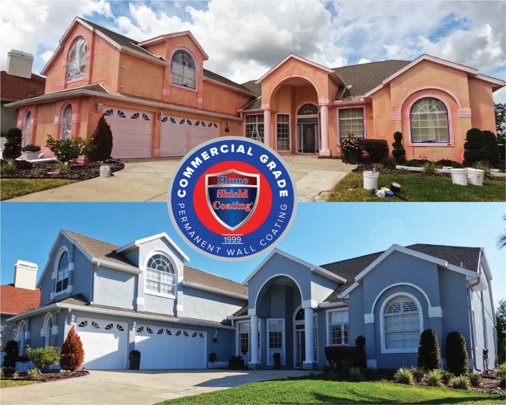 Before & After of Stucco House in Apopka, FL Coated With Home Shield Coating.