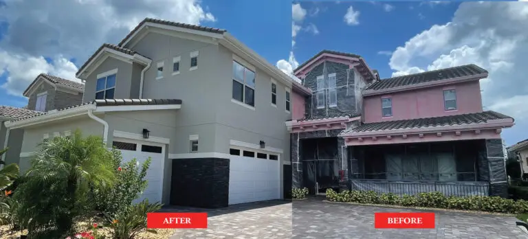 Before & After of Stucco House in Orlando, FL Coated With Home Shield Coating.
