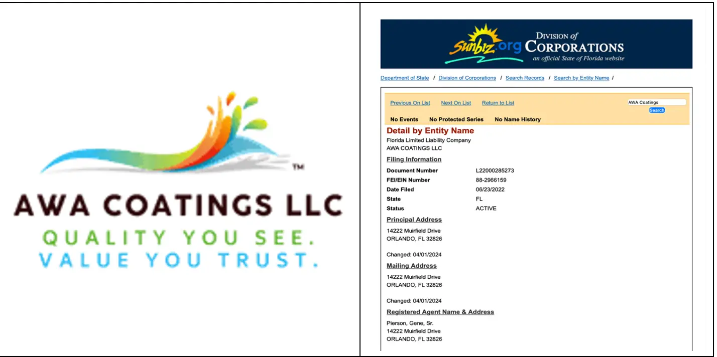 AWA Coatings LLC’s logo, next to its Florida Division of Corporations (Sunbiz.org) record — filed June 23, 2022.