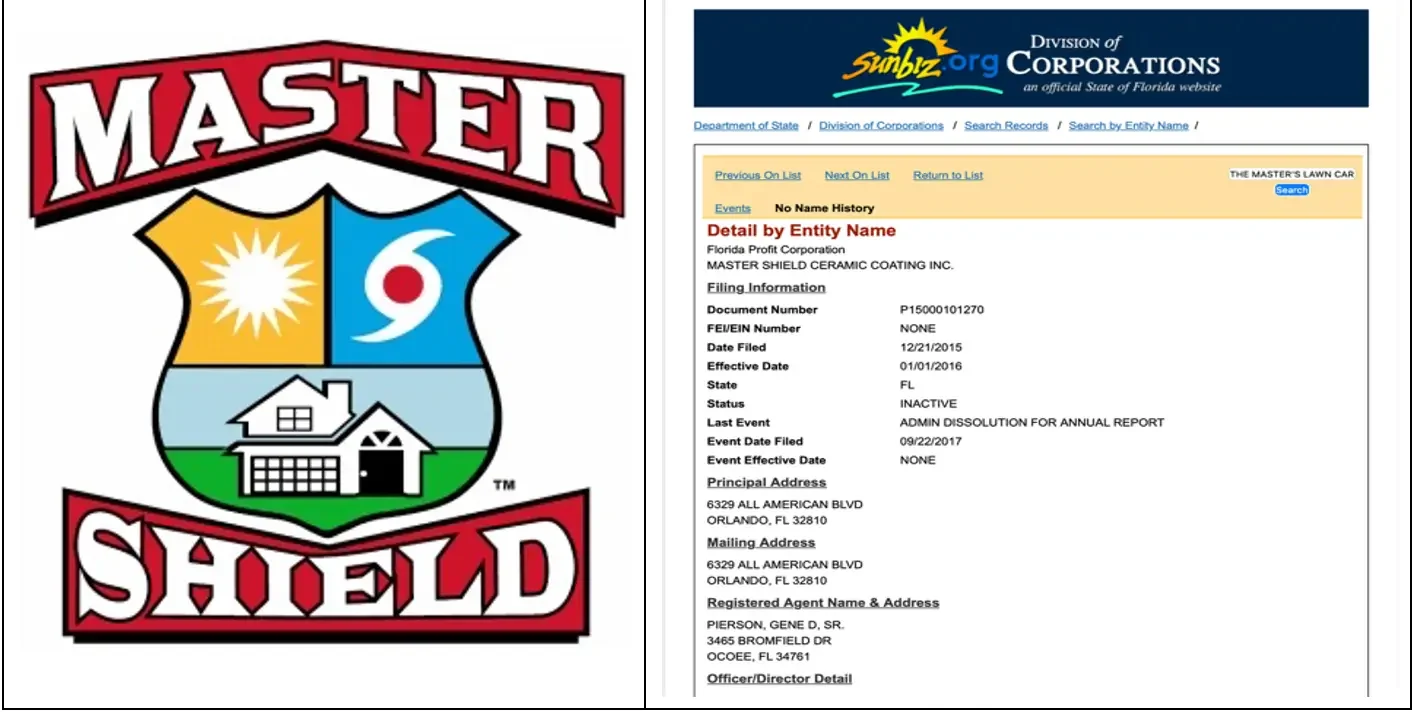 Mr. Pierson’s prior company, Master Shield Ceramic Coating Inc., next to its Sunbiz.org record — administratively dissolved September 22, 2017. Same owner, new name.