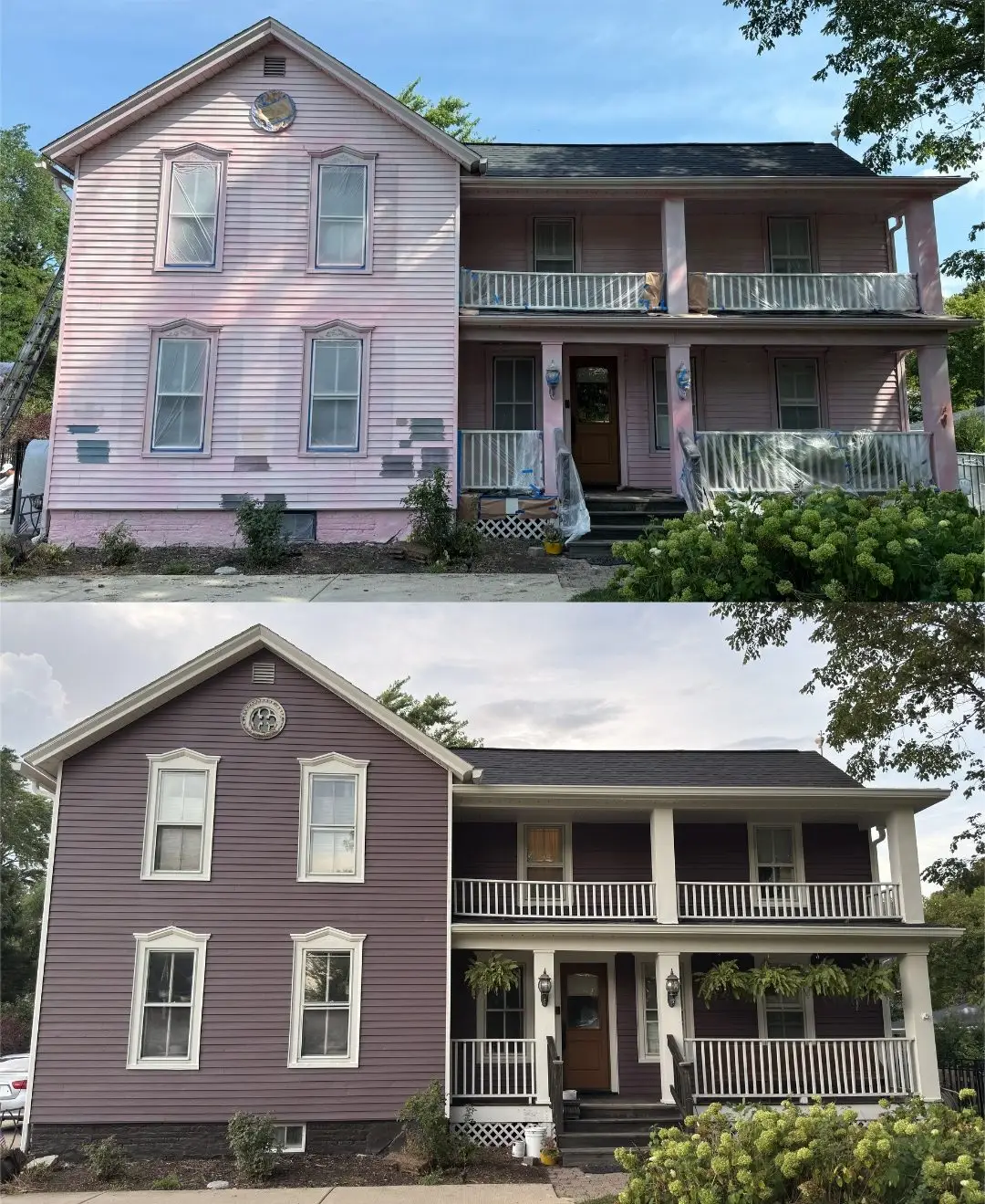 Faded chalky pink aluminum siding before and after a Home Shield Coating permanent coating on a home in Arlington Heights, Illinois