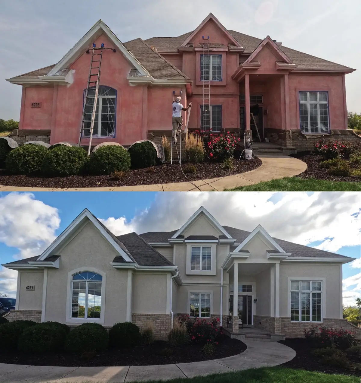 Before and after of a Dryvit EIFS synthetic stucco home recoated by Home Shield Coating, faded pink finish restored to a clean neutral coating
