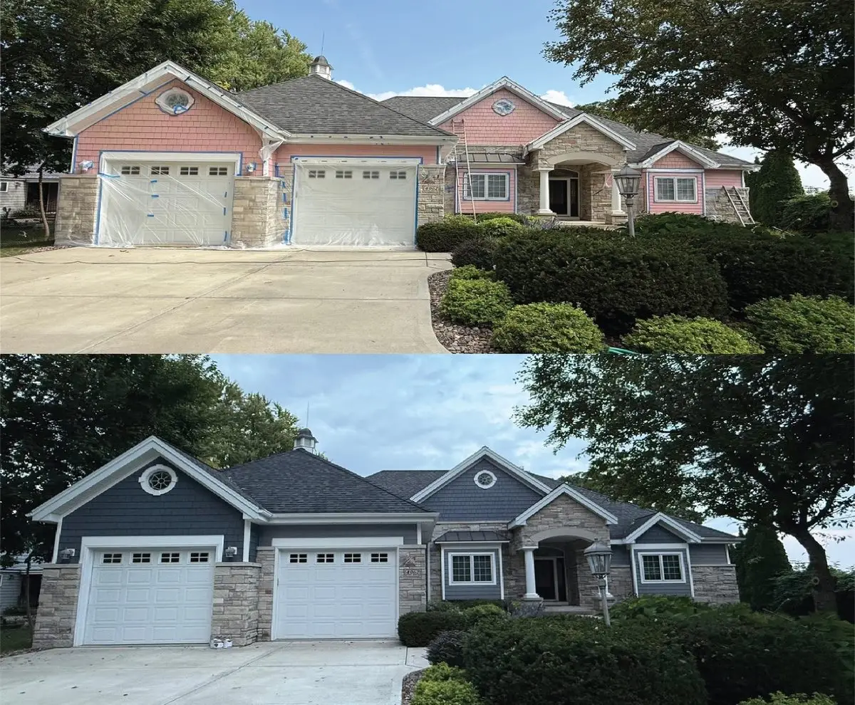 Faded pink Hardie board fiber cement siding before and after a Home Shield Coating permanent coating on a Northern Wisconsin home
