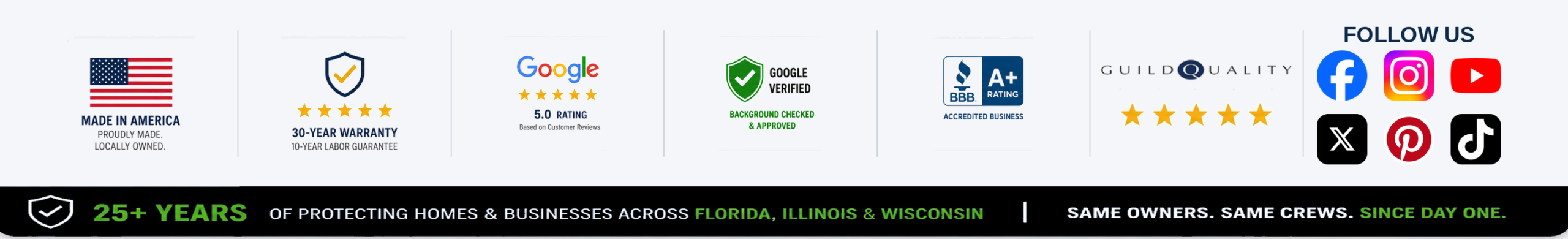 Home Shield Coating credibility badges and 25+ years serving Florida, Illinois and Wisconsin