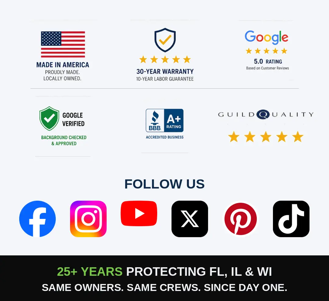 Home Shield Coating credibility badges and 25+ years serving Florida, Illinois and Wisconsin