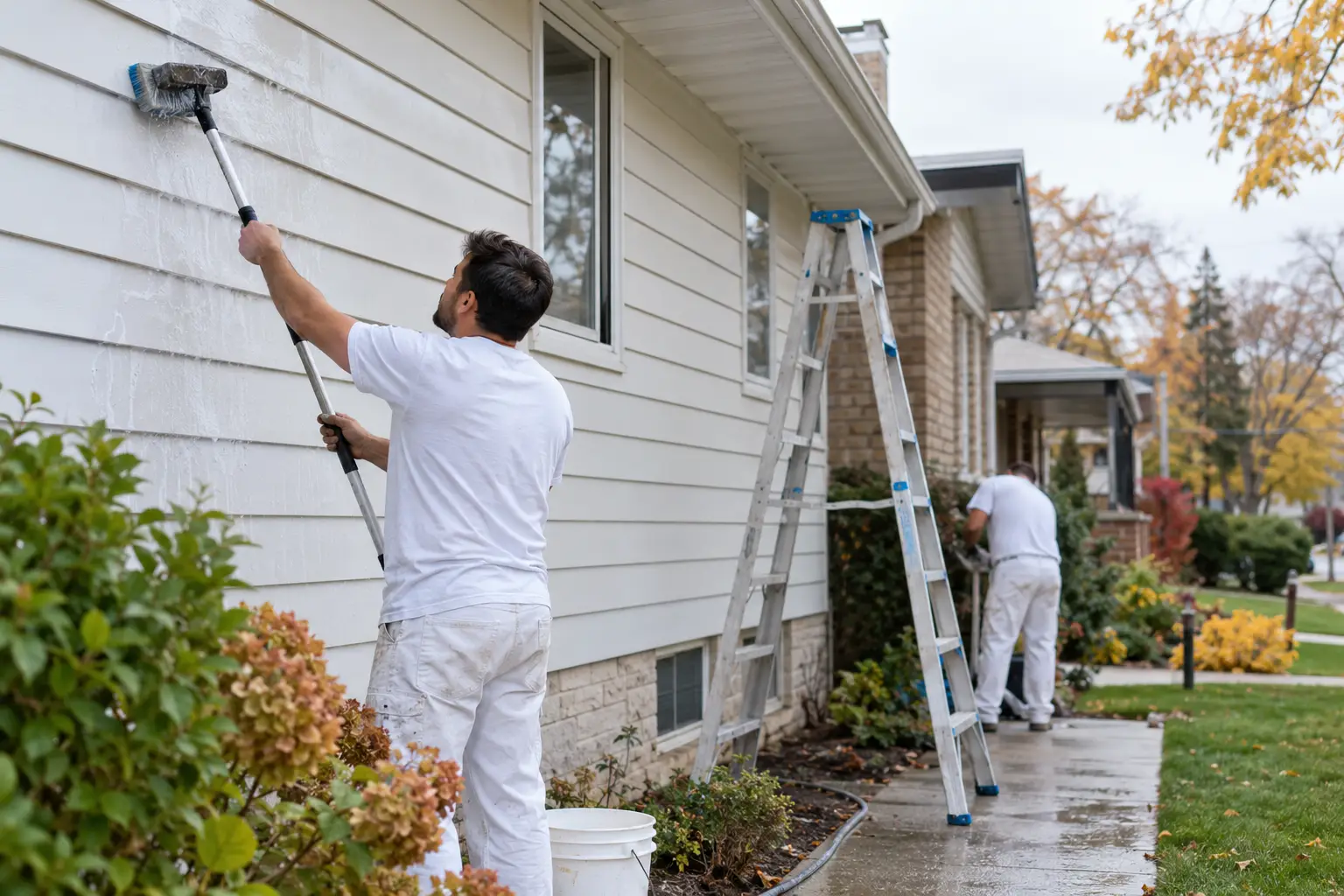 Exterior siding being prepared before coating in a Midwest neighborhood