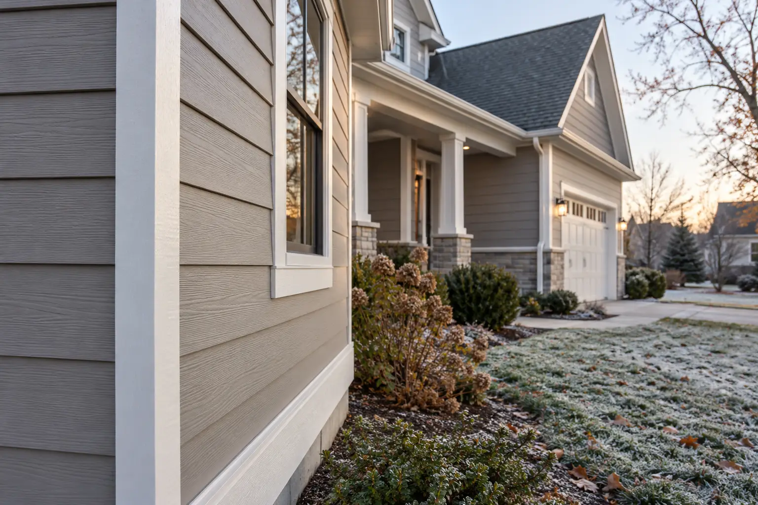 Finished Illinois home exterior shown in cool late-fall weather