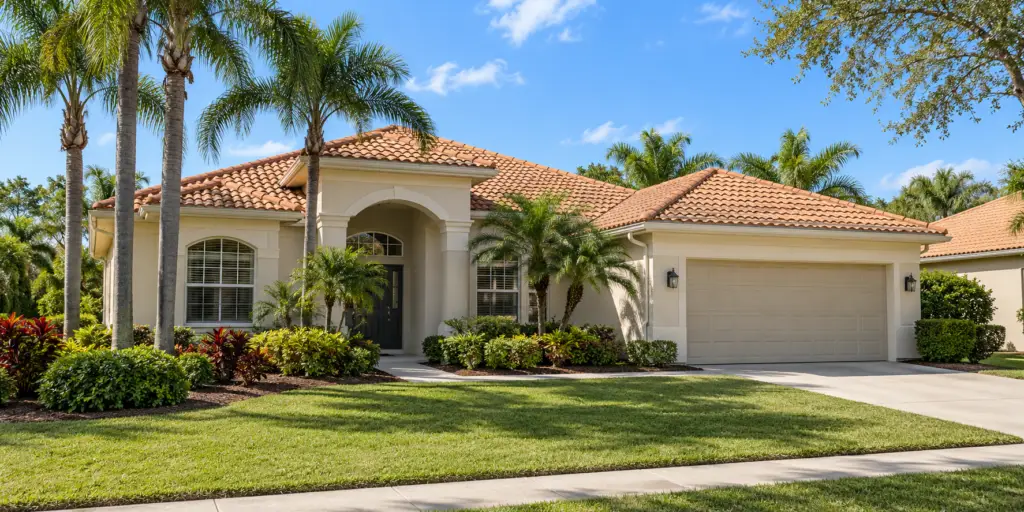 Light stucco Florida home with a tile roof and tropical landscaping