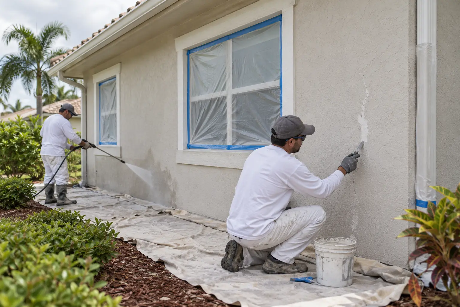 Crew pressure-washing and repairing hairline cracks on a masked Florida stucco wall