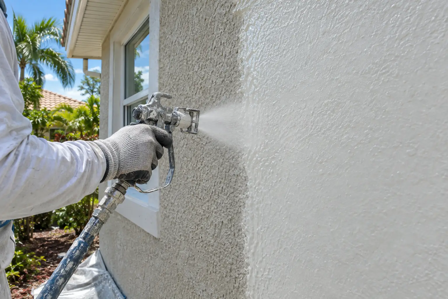 Applicator spraying a light-colored Home Shield Coating® finish onto stucco
