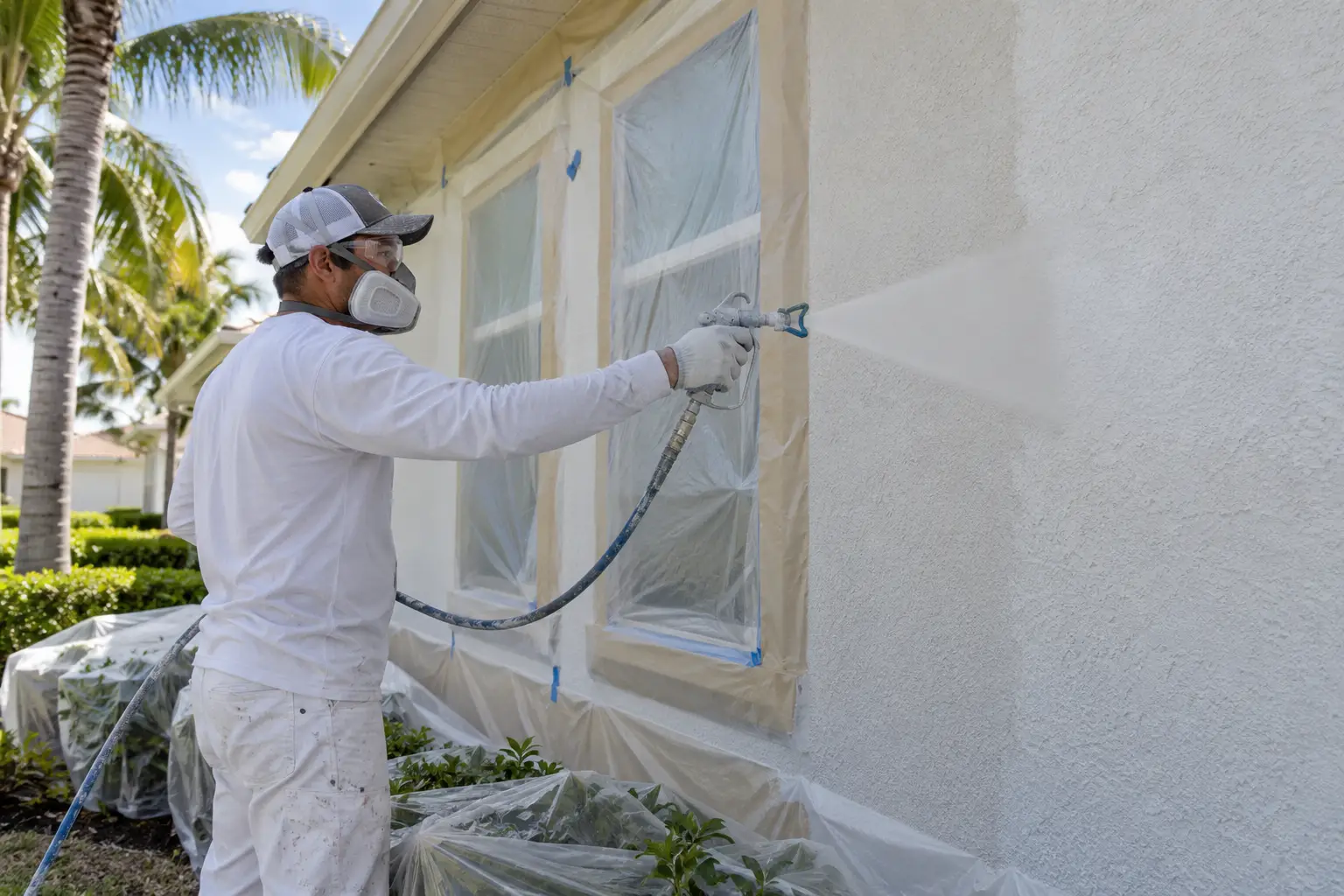 Protected Florida stucco wall receiving a professional airless-sprayed exterior coating