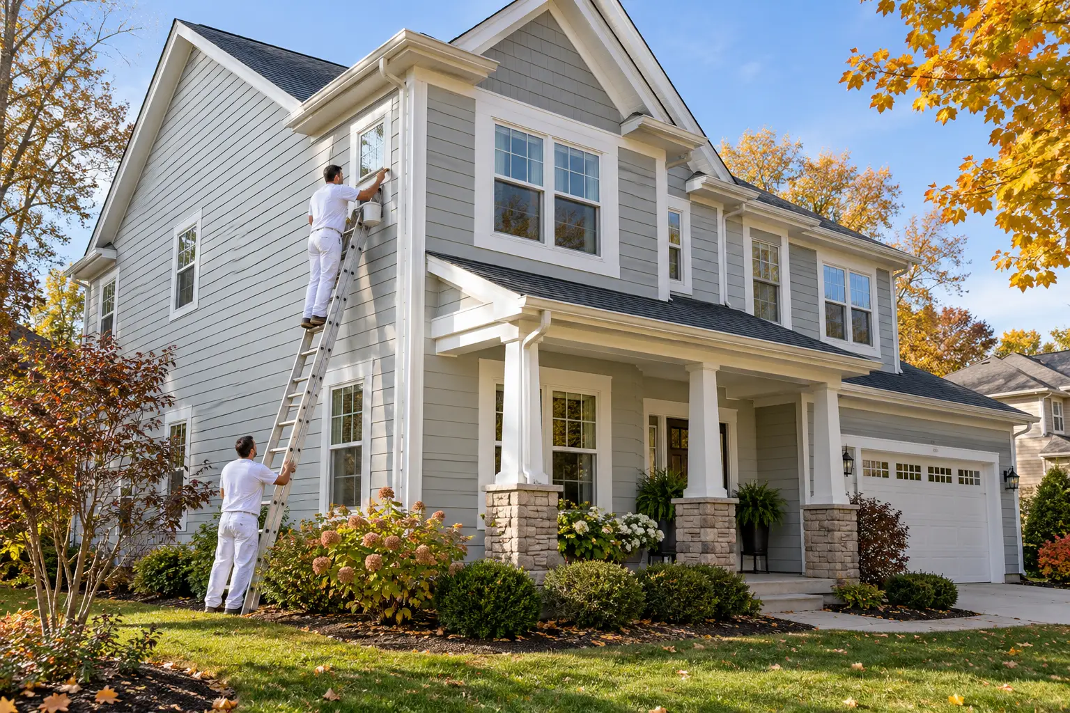 Two-story Illinois home with a coating crew working from ladders