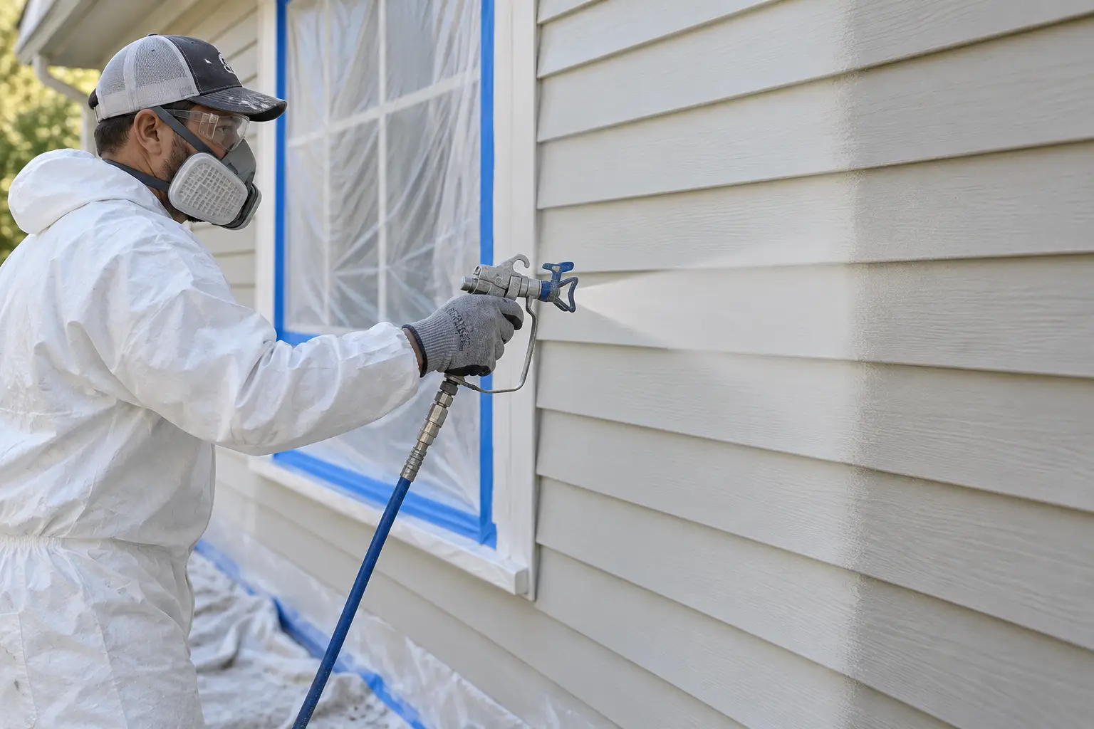 Professional using airless spray equipment on horizontal vinyl siding