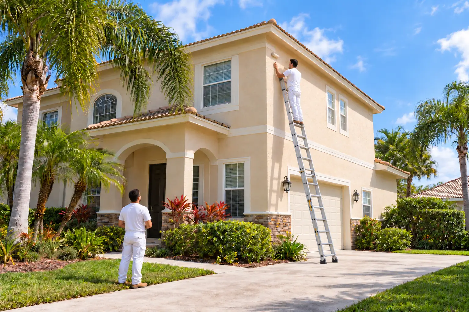 Two-story Florida stucco home with workers in white shirts and white pants using a properly positioned extension ladder and a ground spotter