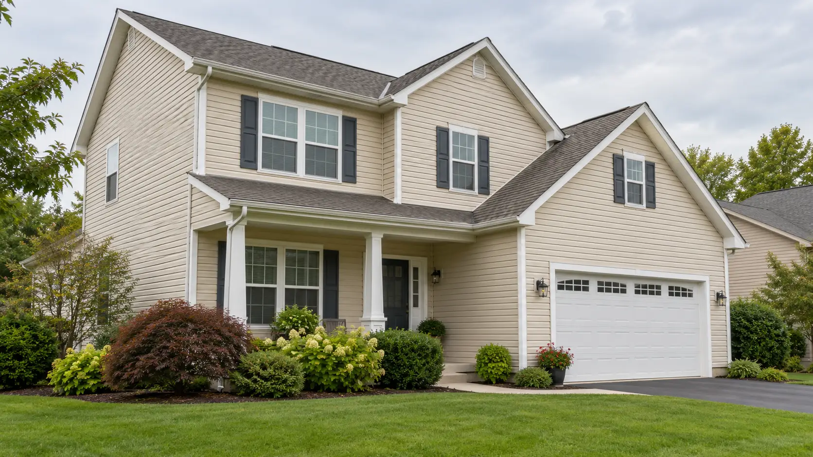 Home with clean light-colored vinyl siding