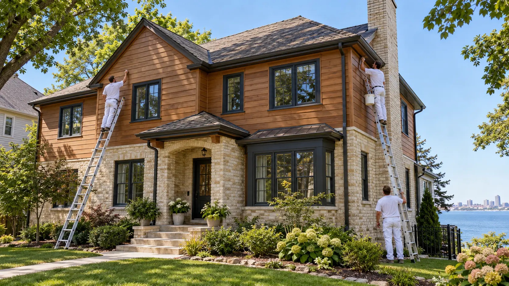 Two-story Wisconsin home with cedar siding and Cream City brick