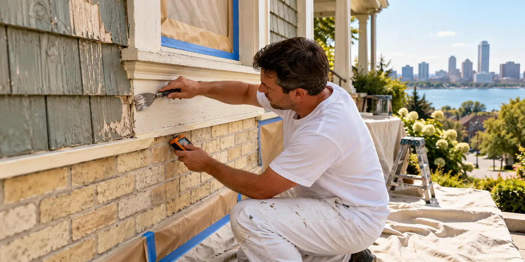 Cedar siding and Cream City brick being prepared before an exterior coating